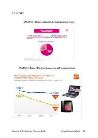 Mémoire de fin d’études, Othmani, Paillet Kedge Business School 104
ANNEXES
ANNEXE 1 : Etude Médiamétrie. Le multi-écrans en France
ANNEXE 2 : Etude GFK, évolution des prix tablettes et notebooks
 
