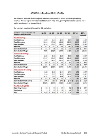 Mémoire de fin d’études, Othmani, Paillet Kedge Business School 106
ANNEXE 4 : Résultats Q1 2014 Netflix
 