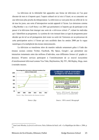 Mémoire de fin d’études, Othmani, Paillet Kedge Business School 25
La télévision de la téléréalité fait apparaître une forme de télévision où l’on peut
discuter de tout et n’importe quoi, l’aspect culturel est ici mis à l’écart, on se concentre sur
une télévision plus proche du téléspectateur. La télévision se veut juste être un reflet de la vie
de tous les jours, une sorte d’introspection sociale apparaît à l’écran. Les émissions comme
« Big Brother » ou « Loft Story » en 2001 qui permettent à n’importe qui de participer et de
passer à la télévision font émerger une sorte de « télévision tribale »33
, reliant les individus
qui s’identifient au programme. Le système de vote instauré dans ce type de programme pour
décider qui de tel ou tel protagoniste doit rester ou sortir de l’émission est un précurseur de
cette participation active à l’écran qui sera accélérée dans les années 2000 par la vague
numérique et la multiplicité des écrans interconnectés.
La télévision se transforme alors de manière radicale notamment grâce à l’aide des
réseaux sociaux comme Twitter, Facebook, My Space, Google+, qui permettent une
interaction instantanée entre des millions d’individus, sous différentes formes (cf. graphe ci-
dessous). D’autres services participent à l’enrichissement de ce nouvel écosystème
d’enrichissement télévisuel comme You Tube, Daylimotion, My TF1, M6 Replay, blogs, mais
à moindre mesure.
Source :Ifop Source : NPA conseil, Mesagraph
33
Jean Louis Missika, La fin de la télévision, Paris, Editions du Seuil, coll. « La République des Idées », 2006, p.
33.
 