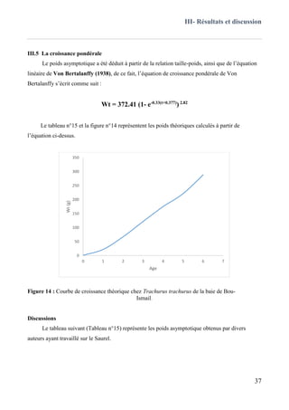 III- Résultats et discussion
37
III.5 La croissance pondérale
Le poids asymptotique a été déduit à partir de la relation taille-poids, ainsi que de l’équation
linéaire de Von Bertalanffy (1938), de ce fait, l’équation de croissance pondérale de Von
Bertalanffy s’écrit comme suit :
Wt = 372.41 (1- e-0.33(t+0.377)
) 2.82
Le tableau n°15 et la figure n°14 représentent les poids théoriques calculés à partir de
l’équation ci-dessus.
Figure 14 : Courbe de croissance théorique chez Trachurus trachurus de la baie de Bou-
Ismail.
Discussions
Le tableau suivant (Tableau n°15) représente les poids asymptotique obtenus par divers
auteurs ayant travaillé sur le Saurel.
0
50
100
150
200
250
300
350
0 1 2 3 4 5 6 7
Wt(g)
Age
 