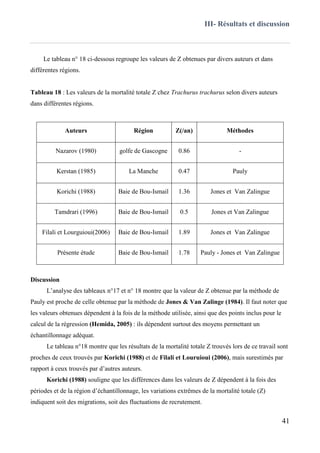 III- Résultats et discussion
41
Le tableau n° 18 ci-dessous regroupe les valeurs de Z obtenues par divers auteurs et dans
différentes régions.
Tableau 18 : Les valeurs de la mortalité totale Z chez Trachurus trachurus selon divers auteurs
dans différentes régions.
Auteurs Région Z(/an) Méthodes
Nazarov (1980) golfe de Gascogne 0.86 -
Kerstan (1985) La Manche 0.47 Pauly
Korichi (1988) Baie de Bou-Ismail 1.36 Jones et Van Zalingue
Tamdrari (1996) Baie de Bou-Ismail 0.5 Jones et Van Zalingue
Filali et Lourguioui(2006) Baie de Bou-Ismail 1.89 Jones et Van Zalingue
Présente étude Baie de Bou-Ismail 1.78 Pauly - Jones et Van Zalingue
Discussion
L’analyse des tableaux n°17 et n° 18 montre que la valeur de Z obtenue par la méthode de
Pauly est proche de celle obtenue par la méthode de Jones & Van Zalinge (1984). Il faut noter que
les valeurs obtenues dépendent à la fois de la méthode utilisée, ainsi que des points inclus pour le
calcul de la régression (Hemida, 2005) : ils dépendent surtout des moyens permettant un
échantillonnage adéquat.
Le tableau n°18 montre que les résultats de la mortalité totale Z trouvés lors de ce travail sont
proches de ceux trouvés par Korichi (1988) et de Filali et Louruioui (2006), mais surestimés par
rapport à ceux trouvés par d’autres auteurs.
Korichi (1988) souligne que les différences dans les valeurs de Z dépendent à la fois des
périodes et de la région d’échantillonnage, les variations extrêmes de la mortalité totale (Z)
indiquent soit des migrations, soit des fluctuations de recrutement.
 