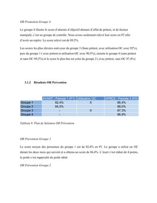 OR Promotion Groupe 4
Le groupe 4 illustre le score d’atteinte d’objectif démuni d’effet de prétest, et de facteur
manipulé, c’est un groupe de contrôle. Nous avons seulement relevé leur score en P2 afin
d’avoir un repère. Le score relevé est de 89,5%.
Les scores les plus élevées sont ceux du groupe 3 (Sans prétest, avec utilisation OC avec 92%),
puis du groupe 1 ( avec prétest et utilisation OC avec 90,5%), ensuite le groupe 4 (sans prétest
et sans OC 89,5%) et le score le plus bas est celui du groupe 2 ( avec prétest, sans OC 87,4%)
3.1.2 Résultats OR Prévention
Tableau 9. Plan de Solomon OR Prévention
OR Prévention Groupe 1
Le score moyen des personnes du groupe 1 est de 82,4% en P1. Le groupe a utilisé un OC
durant les deux mois qui suivent et a obtenu un score de 86,4%. L’écart s’est réduit de 4 points,
le poids s’est rapproché du poids idéal.
OR Prévention Groupe 2
AVANT - Periode 1 (P1) Utilisation OC APRES - Periode 2 (P2)
Groupe 1 82,4% X 86,4%
Groupe 2 84,5% 88,0%
Groupe 3 - X 87,3%
Groupe 4 - 86,9%
 