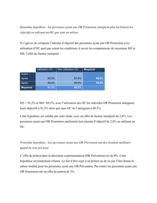 Deuxième hypothèse : les personnes ayant une OR Promotion atteignent plus facilement les
objectifs en utilisant un OC que sans en utiliser
Il s’agit ici de comparer l’atteinte d’objectif des personnes ayant une OR Promotion avec
utilisation d’OC quel que soient les conditions, à savoir les comparaisons de moyennes M3 et
M4, l’effet du facteur manipulé :
Utilisation OC Non utilisation OC Moyenne
Avant –
Après 90,5% 87,4% 89,0%
Après 92,0% 89,5% 90,8%
Moyenne 91,3% 88,5%
M3 = 91,3% et M4= 88,5%, avec l’utilisation des OC les individus OR Promotion atteignent
leurs objectifs à 91,3% alors que sans OC ils l’atteignent à 88,5%.
Cette hypothèse est validée par cette étude, avec un effet de facteur manipulé de 2,8%. Les
personnes ayant une OR Promotion améliorent leur atteinte d’objectif de 2,8% en utilisant un
OC.
Troisième hypothèse : Les personnes ayant une OR Prévention ont des résultats meilleurs
quand ils sont pré testé
L’effet de prétest dans la deuxième expérimentation (OR Prévention) est de 0%. Cette
hypothèse est totalement refusée. Le fait d’être sujet à un prétest ou de ne pas l’être donne le
même résultat pour les personnes ayant une OR Prévention. Par contre les personnes ayant une
OR Promotion ont un effet de prétest de 2%.
 