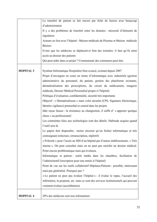 Le transfert de patient se fait encore par fiche de liaison avec beaucoup
            d’administration
            Il y a des problèmes de transfert entre les données : nécessité d’éléments de
            régulation
            Acteurs en lien avec l’hôpital : Maison médicale de Pézenas et Maison médicale
            Béziers
            Eviter que les médecins se déplacent et font des tournées: il faut qu’ils aient
            accès au dossier des patients
            Qui peut aider dans ce projet ? Communauté des communes peut être.


HOPITAL 3   Système Informatique Hospitalier bien avancé, existant depuis 2007
            Projet d’envergure en cours en terme d’informatique avec industriels (gestion
            administrative du personnel, du patient, gestion des plateforme existante,
            dématérialisation des prescriptions, du circuit du médicament, imagerie
            médicale, Dossier Médical Personalisé propre à l’hôpital)
            Politique d’évaluation, confidentialité, sécurité très importante
            Objectif : « Dématérialisons » mais volet sécurité (CPS, Signature éléctronique,
            Identito vigilance) primordial et central dans les projets
            Idée reçue fausse : la résistance au changement, il suffit d’ « apporter quelque
            chose » au professionnel
            Les contraintes liées aux technologies sont des détails. Habitude acquise quand
            l’outil sera là.
            Le papier doit disparaître : moins sécurisé qu’un fichier informatique et très
            contraignant (relecture, retranscription, répétitif)
            « Frilosité » pour l’accès au SIH d’un hôpital par d’autres établissements. « Très
            interne ». On peut consulter mais on ne peut pas enrichir un dossier médical.
            Point encore problématique mais qui évoluera.
            Informatique et patient : outils média dans les chambres, facilitation de
            l’administratif (inscription pour une entrée à l’hôpital)
            Point de vue sur les outils collaboratif Hôpitaux/Patients : possible, intéressant
            mais pas généralisé. Pourquoi pas ?
            « Le patient ne peut pas évaluer l’hôpital » : il évalue le repas, l’accueil des
            infirmières, la propreté, etc. mais ce sont des services institutionnels qui peuvent
            vraiment évaluer (accréditation)


HOPITAL 4   20% des médecins sont non informatisés


                                                                                                   51
 