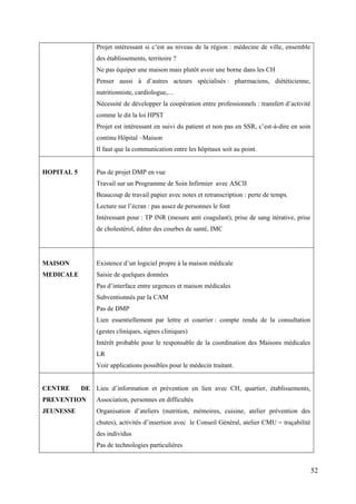 Projet intéressant si c’est au niveau de la région : médecine de ville, ensemble
                 des établissements, territoire ?
                 Ne pas équiper une maison mais plutôt avoir une borne dans les CH
                 Penser aussi à d’autres acteurs spécialisés : pharmaciens, diététicienne,
                 nutritionniste, cardiologue,…
                 Nécessité de développer la coopération entre professionnels : transfert d’activité
                 comme le dit la loi HPST
                 Projet est intéressant en suivi du patient et non pas en SSR, c’est-à-dire en soin
                 continu Hôpital –Maison
                 Il faut que la communication entre les hôpitaux soit au point.


HOPITAL 5        Pas de projet DMP en vue
                 Travail sur un Programme de Soin Infirmier avec ASCII
                 Beaucoup de travail papier avec notes et retranscription : perte de temps.
                 Lecture sur l’écran : pas assez de personnes le font
                 Intéressant pour : TP INR (mesure anti coagulant), prise de sang itérative, prise
                 de cholestérol, éditer des courbes de santé, IMC




MAISON           Existence d’un logiciel propre à la maison médicale
MEDICALE         Saisie de quelques données
                 Pas d’interface entre urgences et maison médicales
                 Subventionnés par la CAM
                 Pas de DMP
                 Lien essentiellement par lettre et courrier : compte rendu de la consultation
                 (gestes cliniques, signes cliniques)
                 Intérêt probable pour le responsable de la coordination des Maisons médicales
                 LR
                 Voir applications possibles pour le médecin traitant.


CENTRE      DE Lieu d’information et prévention en lien avec CH, quartier, établissements,
PREVENTION       Association, personnes en difficultés
JEUNESSE         Organisation d’ateliers (nutrition, mémoires, cuisine, atelier prévention des
                 chutes), activités d’insertion avec le Conseil Général, atelier CMU = traçabilité
                 des individus
                 Pas de technologies particulières


                                                                                                      52
 