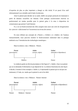 d’expertise de plus en plus important a changé ce rôle initial. Il est passé d’un outil
informationnel à un véritable outil d’aide à la décision.
          Ainsi le patient peut décider sur sa santé, établir son propre protocole de traitement à
partir de données recueillies sur Internet. Cette pratique exclusivement réservée au
professionnel est rendue possible pour le patient grâce à la mise à disposition de
connaissances que permet l’outil Internet.
          Il y a ici un bouleversement des rôles assignés mais aussi une sorte de réorganisation
du « pouvoir » (décisionnel en l’occurrence) au niveau des acteurs.


          En nous référant aux concepts de « Parent », « Enfant » et « Adulte » de l’analyse
transactionnelle, nous pouvons montrer le bouleversement relationnel dans la pratique
médicale avec l’introduction des technologies numériques :


          Dans la relation « duo » Médecin – Patient .

        Parent                           Adulte                           Enfant
(prescripteur)                           (normes, règles)                 (demande et dépendance)




                      Médecin                                             Patient

          Le médecin garde un rôle de prescripteur et fait figure d’ « Adulte » face à un patient
qui est en demande d’information et qui dépend de lui. La relation fonctionne de cette façon :
il décide, il montre le bon exemple (« Adulte »), il réprimande le patient qui ne suit pas son
traitement, il l’aide, etc. tandis que le patient le suit et lui obéit.


          Dans la relation « trio » Médecin – Patient- Internet


        Parent                           Adulte                           Enfant
(prescripteur)                           (normes, règles)                 (demande et dépendance)




Patient          Médecin + Internet                                       Patient




                                                                                                    63
 