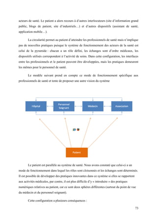 acteurs de santé. Le patient a alors recours à d’autres interlocuteurs (site d’information grand
public, blogs de patient, site d’industriels…) et d’autres dispositifs (assistant de santé,
application mobile…).

       La circularité permet au patient d’atteindre les professionnels de santé mais n’implique
pas de nouvelles pratiques puisque le système de fonctionnement des acteurs de la santé est
celui de la pyramide : chacun a un rôle défini, les échanges sont d’ordre médicaux, les
dispositifs utilisés correspondent à l’activité de soins. Dans cette configuration, les interfaces
entre les professionnels et le patient peuvent être développées, mais les pratiques demeurent
les mêmes pour le personnel de santé.

       Le modèle suivant prend en compte ce mode de fonctionnement spécifique aux
professionnels de santé et tente de proposer une autre vision du système




       Le patient est parallèle au système de santé. Nous avons constaté que celui-ci a un
mode de fonctionnement dans lequel les rôles sont cloisonnés et les échanges sont déterminés.
Il est possible de développer des pratiques innovantes dans ce système si elles se rapportent
aux activités médicales, par contre, il est plus difficile d’y « introduire » des pratiques
numériques relatives au patient, car ce sont deux sphères différentes (surtout du point de vue
du médecin et du personnel soignant).

       Cette configuration a plusieurs conséquences :

                                                                                                73
 