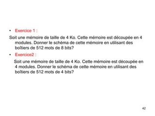 42
• Exercice 1 :
Soit une mémoire de taille de 4 Ko. Cette mémoire est découpée en 4
modules. Donner le schéma de cette mémoire en utilisant des
boîtiers de 512 mots de 8 bits?
• Exercice2 :
Soit une mémoire de taille de 4 Ko. Cette mémoire est découpée en
4 modules. Donner le schéma de cette mémoire en utilisant des
boîtiers de 512 mots de 4 bits?
 