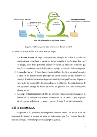 13
Figure 3 : Déroulement d'un projet avec Scrum src.[7]
La méthode Scrum définit trois rôles pour un projet.
1. Le Scrum master. Il s'agit d'une personne chargée de veiller à la mise en
application de la méthode et au respect de ses objectifs. Il ne s'agit pas d'un chef
de projet, mais d'une personne chargée de lever les obstacles éventuels qui
empêcheraient l'avancement de l'équipe et du projet pendant les différents sprints.
2. Le product owner. Il s'agit du représentant officiel du client au sein d'un projet
Scrum. Il est l'interlocuteur principal du Scrum Master et des membres de
l'équipe. Il définit les besoins du produit et rédige les spécifications. Il peut se
faire aider de responsables fonctionnels pour la rédaction des spécifications. Il
est également chargé de définir et définir les priorités des users stories pour
chaque sprint.
3. L'équipe (« team members »). Elle est constituée des personnes chargées de la
réalisation du sprint et d'un produit utilisable en fin de sprint. Il peut s'agir de
développeurs, architectes, personnes chargées de faire des tests fonctionnels…
II.6) Le pattern MVC
Le pattern MVC permet de bien organiser son code source.. Le but de MVC est
justement de séparer la logique du code en trois parties que l'on retrouve dans des
fichiers distincts, comme l'explique la description qui suit.
 
