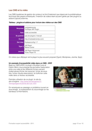 Les CMS et la vidéo
Les CMS (systèmes de gestion de contenu) ne font ﬁnalement que répercuter la problématique
technique des players embarqués, l’insertion de vidéos étant souvent gérée par des plugins ou
addons (ajouts) externes.
Tableau : plugins et addons pour inclure des vidéos sur des CMS
Worpress
mediaelementjs
ProPlayer WP Plugin
Spip vidéo accessible
Ez publish pas de plugins / manuel
Drupal http://mediaelementjs.com/
Dot clear ﬂvplayerconﬁg 1.7
Typo 3
JW Player
Media Center
Joomla
JW Player Advanced
Video Player FX
On notera que JWplayer est le player le plus souvent proposé (Typo3, Wordpress, Joomla, Spip).
Un exemple d’accessibilité vidéo dans un CMS : SPIP
Basé sur JWPLAYER, le plugin d’Aurélien Levy et
Cédric Morin nous propose de permettre l’association
entre une vidéo et les différents ﬁchiers servant
d’alternatives (ﬁchier de transcript, ﬁchier de sous-
titre, ﬁchier d’audio-description), et d’afﬁcher cette
vidéo dans un lecteur accessible.
Première utilisation de ce plugin: le site du
don d’organe : http://www.dondorganes.fr/-
Temoignages-et-points-de-vue-.html
On remarquera au passage un problème courant en
sous-titrage : la superposition du sous-titrage sur les
bandeaux d’informations.
Formation expert accessibilité - 2011! page 10 sur 16
 
