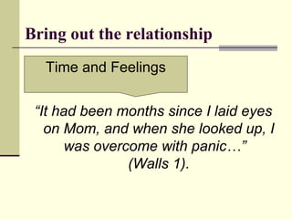 Bring out the relationship
“It had been months since I laid eyes
on Mom, and when she looked up, I
was overcome with panic…”
(Walls 1).
Time and Feelings
 