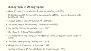 Bibliography of 20 Biographies
 Grace Abounding to the Chief of Sinners by John Bunyan (1666)
 My Bondage and My Freedom (The Autobiographies #2) by Frederick Douglass, John
David Smith (1855)
 Through Gates of Splendor by Elisabeth Elliot (1957)
 The Cross and the Switchblade by David Wilkerson (1962)
 Tortured for Christ by Richard Wurmbrand (1967)
 Huey Long by T. Harry Williams (1969)
 The Hiding Place: The Triumphant True Story of Corrie Ten Boom by Corrie ten Boom
(1971)
 The Duke of Deception by Geoffrey Wolff (1979)
 George Whitefield by Arnold A. Dallimore (1990)
 Thinking in Pictures: My Life with Autism by Temple Grandin (1995)
 