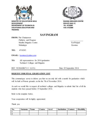 MINISTRY OF EDUCATION & SKIILS MADIBA BRIGADES CENTRE 
DEVELOPMENT PRIVATE BAG 17, 
DEPARTMENT OF TECHNICAL & TEL: 4710285 
VOCATIONAL EDUCATION AND FAX: 4710384 
TRAINING 
SAVINGRAM 
FROM: The Chairperson 
Publicity and Program _____________ 
Madiba Brigades Centre For/Pricipal 
Mahalapye Koontse 
TEL: 4710285 
EMAIL: koontsec@yahoo.com 
TO: All representatives for 2014 graduation 
Technical Colleges and Brigades 
REF: VE/MADB/7/1/1 I (121) Date: 05 September 2014 
REQUEST FOR FINAL GRADUATION LIST 
This communique serves to inform you that we are only left with a month for graduation which 
will be held at Prisons grounds on the the 7th of November 2014. 
As such we would like to request all technical colleges and Brigades to submit final list of all the 
students who have passed before 15 September 2014. 
Refer to the template below. 
Your cooperation will be highly appreciated. 
Thank you 
No. Surname Name Course level Institution Contact Disability 
1 
2 
 