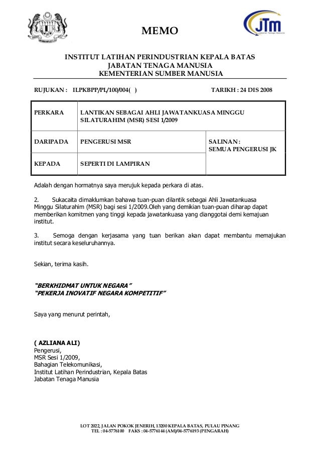 Memo Lantikan Jawatankuasa MSR ILPKBPP Sesi 1/2009