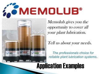 Application Examples
Memolub gives you the
opportunity to cover all
your plant lubrication.
Tell us about your needs.
The professionals choice for
reliable plant lubrication systems.
 