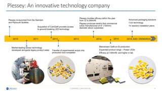 4COMPANY CONFIDENTIAL
2016 AND ONWARDS
Acquisition of CamGaN provides access
to ground-breaking LED technology
Market-leading sensor technology
developed alongside legacy product sales
Plessey doubles efficacy within the year,
from 32 to 64lm/W
Plessey produces world’s first commercial
LEDs manufactured on 6” (150mm)
diameter silicon substrates
Transfer of experimental recipe onto
production tool completed
Plessey re-launched from the Swindon
and Plymouth facilities
Mainstream GaN-on-Si production
Expanded product range – Power LEDs
Efficacy at 130lm/W, and higher in lab
2013201220112010 2014
Advanced packaging solutions
i2LED technology
14 reactors installation plans
Plessey: An innovative technology company
2015
 