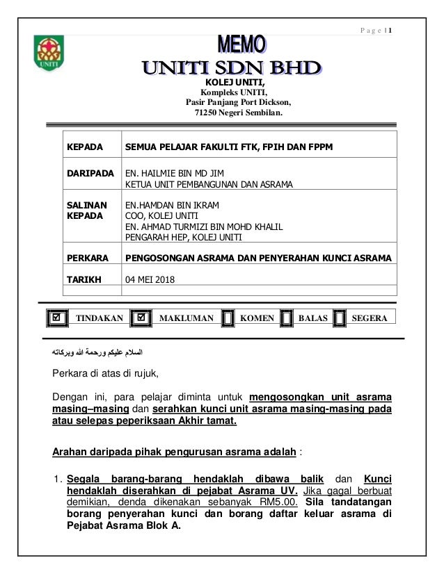 Surat Makluman Ketiadaan Bekalan Makanan Asrama