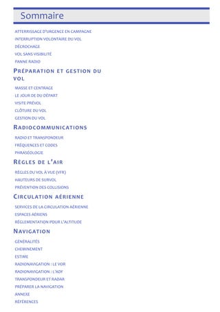 Sommaire 
ATTERRISSAGE D’URGENCE EN CAMPAGNE 
INTERRUPTION VOLONTAIRE DU VOL 
DÉCROCHAGE 
VOL SANS VISIBILITÉ 
PANNE RADIO 
PRÉPARATION ET GESTION DU 
VOL 
MASSE ET CENTRAGE 
LE JOUR DE DU DÉPART 
VISITE PRÉVOL 
CLÔTURE DU VOL 
GESTION DU VOL 
RADIOCOMMUNICATIONS 
RADIO ET TRANSPONDEUR 
FRÉQUENCES ET CODES 
PHRASÉOLOGIE 
RÈGLES DE L’AIR 
RÈGLES DU VOL À VUE (VFR) 
HAUTEURS DE SURVOL 
PRÉVENTION DES COLLISIONS 
CIRCULATION AÉRIENNE 
SERVICES DE LA CIRCULATION AÉRIENNE 
ESPACES AÉRIENS 
RÉGLEMENTATION POUR L’ALTITUDE 
NAVIGATION 
GÉNÉRALITÉS 
CHEMINEMENT 
ESTIME 
RADIONAVIGATION : LE VOR 
RADIONAVIGATION : L’ADF 
TRANSPONDEUR ET RADAR 
PRÉPARER LA NAVIGATION 
ANNEXE 
RÉFÉRENCES 
 