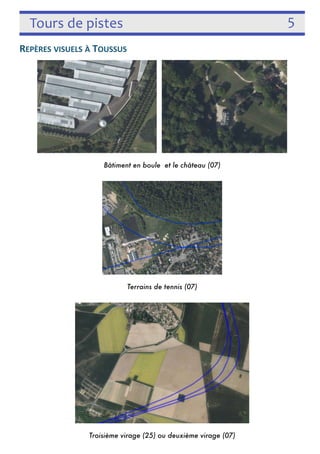 Tours de pistes 5 
REPÈRES VISUELS À TOUSSUS 
  
Bâtiment en boule et le château (07) 
 
Terrains de tennis (07) 
 
Troisième virage (25) ou deuxième virage (07) 
 