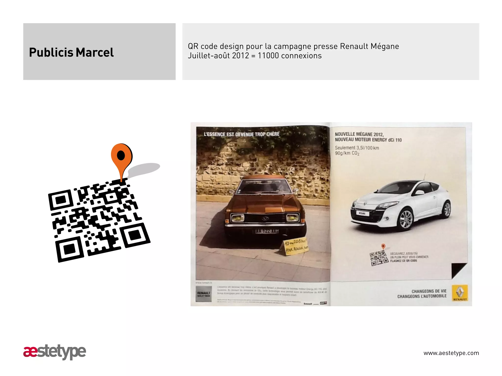 QR code design pour la campagne presse Renault Mégane
Publicis Marcel   Juillet-août 2012 = 11000 connexions




                                                                          www.aestetype.com
 