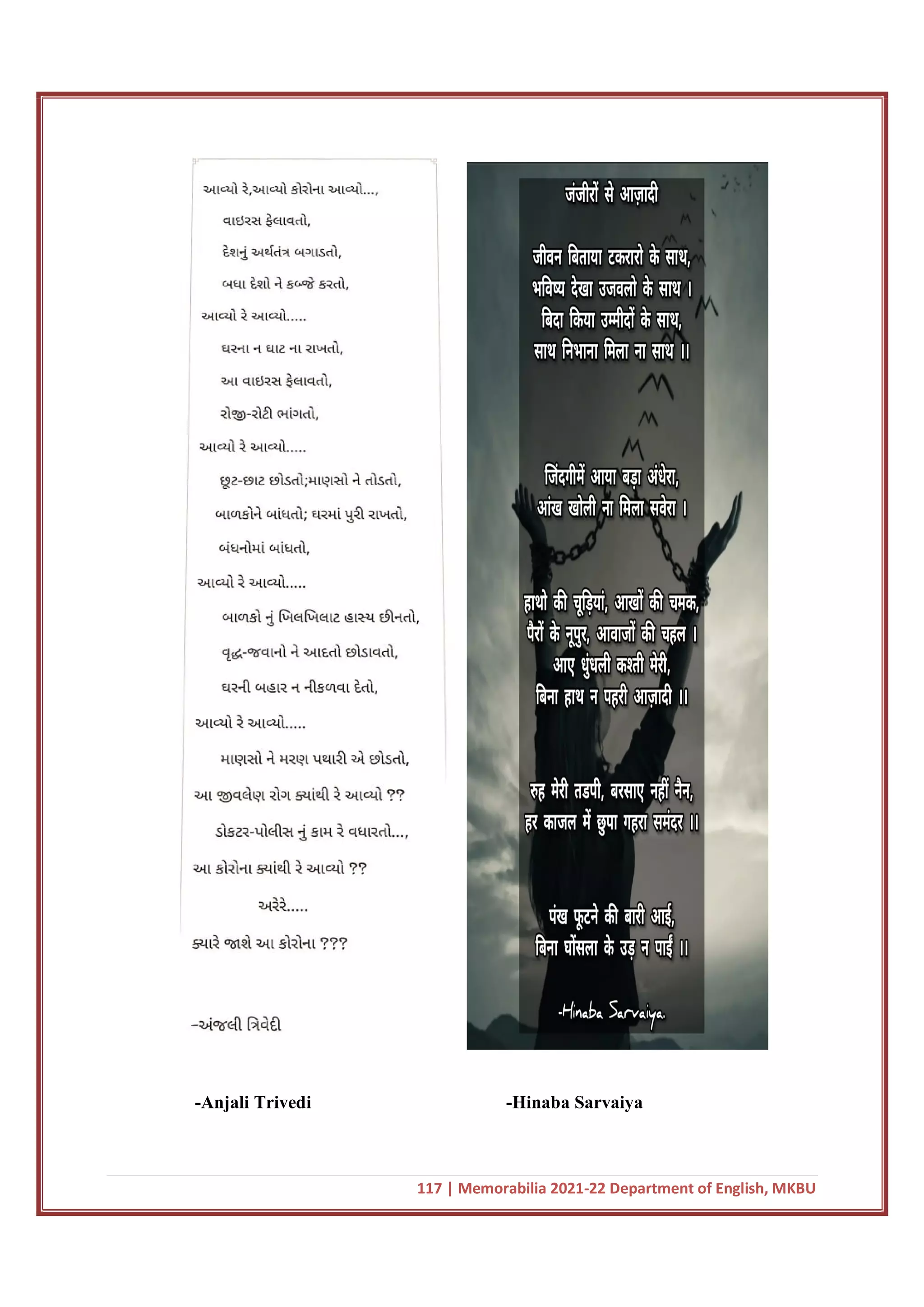 117 | Memorabilia 2021-22 Department of English, MKBU
-Anjali Trivedi -Hinaba Sarvaiya
 