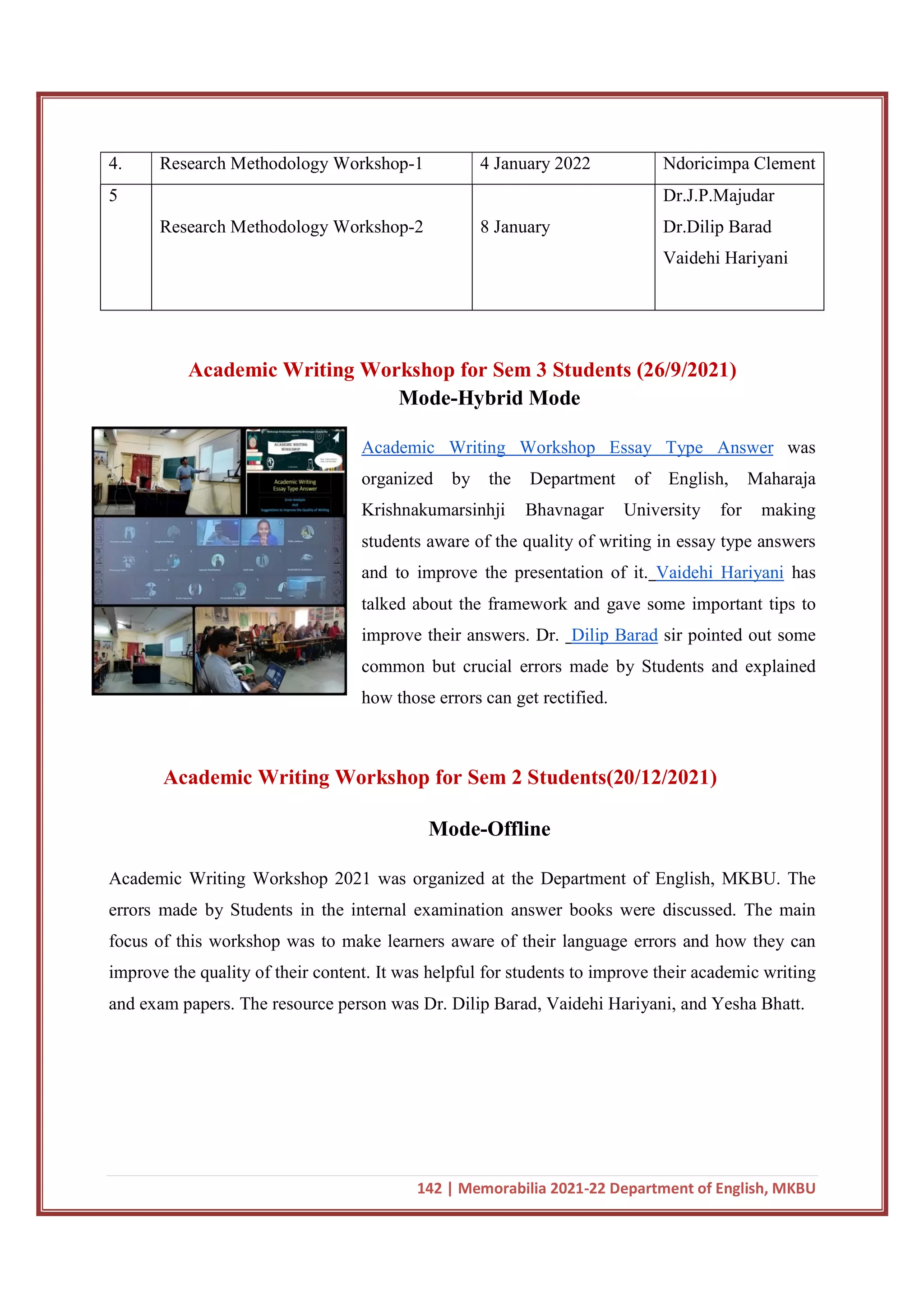 142 | Memorabilia 2021-22 Department of English, MKBU
4. Research Methodology Workshop-1 4 January 2022 Ndoricimpa Clement
5
Research Methodology Workshop-2 8 January
Dr.J.P.Majudar
Dr.Dilip Barad
Vaidehi Hariyani
Academic Writing Workshop for Sem 3 Students (26/9/2021)
Mode-Hybrid Mode
Academic Writing Workshop Essay Type Answer was
organized by the Department of English, Maharaja
Krishnakumarsinhji Bhavnagar University for making
students aware of the quality of writing in essay type answers
and to improve the presentation of it. Vaidehi Hariyani has
talked about the framework and gave some important tips to
improve their answers. Dr. Dilip Barad sir pointed out some
common but crucial errors made by Students and explained
how those errors can get rectified.
Academic Writing Workshop for Sem 2 Students(20/12/2021)
Mode-Offline
Academic Writing Workshop 2021 was organized at the Department of English, MKBU. The
errors made by Students in the internal examination answer books were discussed. The main
focus of this workshop was to make learners aware of their language errors and how they can
improve the quality of their content. It was helpful for students to improve their academic writing
and exam papers. The resource person was Dr. Dilip Barad, Vaidehi Hariyani, and Yesha Bhatt.
 