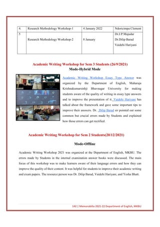 142 | Memorabilia 2021-22 Department of English, MKBU
4. Research Methodology Workshop-1 4 January 2022 Ndoricimpa Clement
5
Research Methodology Workshop-2 8 January
Dr.J.P.Majudar
Dr.Dilip Barad
Vaidehi Hariyani
Academic Writing Workshop for Sem 3 Students (26/9/2021)
Mode-Hybrid Mode
Academic Writing Workshop Essay Type Answer was
organized by the Department of English, Maharaja
Krishnakumarsinhji Bhavnagar University for making
students aware of the quality of writing in essay type answers
and to improve the presentation of it. Vaidehi Hariyani has
talked about the framework and gave some important tips to
improve their answers. Dr. Dilip Barad sir pointed out some
common but crucial errors made by Students and explained
how those errors can get rectified.
Academic Writing Workshop for Sem 2 Students(20/12/2021)
Mode-Offline
Academic Writing Workshop 2021 was organized at the Department of English, MKBU. The
errors made by Students in the internal examination answer books were discussed. The main
focus of this workshop was to make learners aware of their language errors and how they can
improve the quality of their content. It was helpful for students to improve their academic writing
and exam papers. The resource person was Dr. Dilip Barad, Vaidehi Hariyani, and Yesha Bhatt.
 