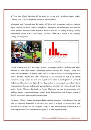 ICT has also affected Education Fields which has opened wider windows towards making
Learning more Effective, Engaging, Attractive, and Interesting.
Information and Communication Technology (ICT) includes computers,
digital cameras, document viewers, smartphones, lightboards, and whiteboards. The term also
covers software and applications, almost all kinds of branches like editing, teaching, learning
management systems (LMS) like Google Classroom
Udemy, and many more
English Department of M.K. Bhavnagar University is equipped with BSNL WiFi network, which
provides 4G level high internet connectivity accessed through WiFi hotspots. Other WiFi
connection like MKBU, ENGLISH1, ENGLISH2, ENGLISH3 are also accessible by students as
well as teachers. Besides that LAN connectivity is also available for high
connection. Every student has their own digital device either a mobile phone or Laptop. If
students don't have their own digital devices they are free to use laptops from our laptop bank.
Communication between students and teachers happens physically as well as through Social
Media. Gmail, Whatsapp, Facebook, or Google Classroom are used to communica
students. A novel experiment of money transfer for the Remuneration to all Resource persons of
the ICT workshop is also completed through Gpay.
The journey of Every Student starts in our Department by attempting Online Entrance Test and
ends by submitting E-portfolio in the final year which is a digital documentation of their
academic activities over the last two years
years long tradition of the Department of English, M.K. Bhavnagar University.
54 | Memorabilia 2021-22 Department of English, MKBU
ICT has also affected Education Fields which has opened wider windows towards making
Learning more Effective, Engaging, Attractive, and Interesting.
Information and Communication Technology (ICT) includes computers,
digital cameras, document viewers, smartphones, lightboards, and whiteboards. The term also
covers software and applications, almost all kinds of branches like editing, teaching, learning
management systems (LMS) like Google Classroom, MOODLE, Coursera, Khan Academy,
English Department of M.K. Bhavnagar University is equipped with BSNL WiFi network, which
provides 4G level high internet connectivity accessed through WiFi hotspots. Other WiFi
MKBU, ENGLISH1, ENGLISH2, ENGLISH3 are also accessible by students as
well as teachers. Besides that LAN connectivity is also available for high
connection. Every student has their own digital device either a mobile phone or Laptop. If
nts don't have their own digital devices they are free to use laptops from our laptop bank.
Communication between students and teachers happens physically as well as through Social
Media. Gmail, Whatsapp, Facebook, or Google Classroom are used to communica
students. A novel experiment of money transfer for the Remuneration to all Resource persons of
the ICT workshop is also completed through Gpay.
The journey of Every Student starts in our Department by attempting Online Entrance Test and
portfolio in the final year which is a digital documentation of their
academic activities over the last two years.Using ICT tools and integrating technology is a 10
years long tradition of the Department of English, M.K. Bhavnagar University.
22 Department of English, MKBU
ICT has also affected Education Fields which has opened wider windows towards making
Information and Communication Technology (ICT) includes computers, projectors, printers,
digital cameras, document viewers, smartphones, lightboards, and whiteboards. The term also
covers software and applications, almost all kinds of branches like editing, teaching, learning
, MOODLE, Coursera, Khan Academy,
English Department of M.K. Bhavnagar University is equipped with BSNL WiFi network, which
provides 4G level high internet connectivity accessed through WiFi hotspots. Other WiFi
MKBU, ENGLISH1, ENGLISH2, ENGLISH3 are also accessible by students as
well as teachers. Besides that LAN connectivity is also available for high-speed internet
connection. Every student has their own digital device either a mobile phone or Laptop. If
nts don't have their own digital devices they are free to use laptops from our laptop bank.
Communication between students and teachers happens physically as well as through Social
Media. Gmail, Whatsapp, Facebook, or Google Classroom are used to communicate with
students. A novel experiment of money transfer for the Remuneration to all Resource persons of
The journey of Every Student starts in our Department by attempting Online Entrance Test and
portfolio in the final year which is a digital documentation of their
Using ICT tools and integrating technology is a 10
years long tradition of the Department of English, M.K. Bhavnagar University.
 
