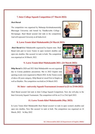 7. Inter College Squash
Jheel Barad
The competition was organised by Maharaja Krishnakumarsinhji
Bhavnagar University and hosted by Nandkuvarba College
Devrajnagar. Jheel Barad secured 2nd rank in the competition.
And will represent University at all India level.
8. Lawn Tennis Khel Mahakumbh (24 March 2022)
Jheel Barad Khel Mahakumbh organized by Gujarat state. Jheel
Barad took part in Lawn Tennis in open women's doubles and
open mix doubles. She secured 1st rank in both. The com
was organised on 24 March, 2022.
9. Lawn Tennis Khel Mahakumbh 2021. (24 March 2022)
Dilip Barad In 2020 and 2021 Khel Mahakumbh was not organised
due to Corona pandemic precautions. But in 2022 Gujarat state
sporting events were organized in Ma
of above 40 years category, Dilip Barad sir stood First in Singles as
well as Doubles. The competition was held on 24 March 2022.
10. Inter - university Squash Tournament (women's) (21 to 23
Jheel Barad secured 2nd rank in Inter College Squash Competition. Now she will play in the
Inter University Squash Tournament. The competition will be on 21 to 23rd April 2022.
11. Lawn Tennis Khel Mahakumbh (May 2022
In Lawn Tennis Khel Mahakumbh Jheel Barad secured 1st rank i
open mix doubles. Now She secured 1st rank in both. The competition was organised on 24
March, 2022. In May 2022
82 | Memorabilia 2021-22 Department of English, MKBU
7. Inter College Squash Competition (17 March 2022)
The competition was organised by Maharaja Krishnakumarsinhji
Bhavnagar University and hosted by Nandkuvarba College -
Devrajnagar. Jheel Barad secured 2nd rank in the competition.
University at all India level.
8. Lawn Tennis Khel Mahakumbh (24 March 2022)
Khel Mahakumbh organized by Gujarat state. Jheel
Barad took part in Lawn Tennis in open women's doubles and
open mix doubles. She secured 1st rank in both. The competition
was organised on 24 March, 2022.
Lawn Tennis Khel Mahakumbh 2021. (24 March 2022)
In 2020 and 2021 Khel Mahakumbh was not organised
due to Corona pandemic precautions. But in 2022 Gujarat state
sporting events were organized in March 2022. In the Tennis events
of above 40 years category, Dilip Barad sir stood First in Singles as
well as Doubles. The competition was held on 24 March 2022.
university Squash Tournament (women's) (21 to 23
rank in Inter College Squash Competition. Now she will play in the
Inter University Squash Tournament. The competition will be on 21 to 23rd April 2022.
11. Lawn Tennis Khel Mahakumbh (May 2022
In Lawn Tennis Khel Mahakumbh Jheel Barad secured 1st rank in open women's doubles and
open mix doubles. Now She secured 1st rank in both. The competition was organised on 24
22 Department of English, MKBU
Lawn Tennis Khel Mahakumbh 2021. (24 March 2022)
university Squash Tournament (women's) (21 to 23-04-2022)
rank in Inter College Squash Competition. Now she will play in the
Inter University Squash Tournament. The competition will be on 21 to 23rd April 2022.
11. Lawn Tennis Khel Mahakumbh (May 2022)
n open women's doubles and
open mix doubles. Now She secured 1st rank in both. The competition was organised on 24
 