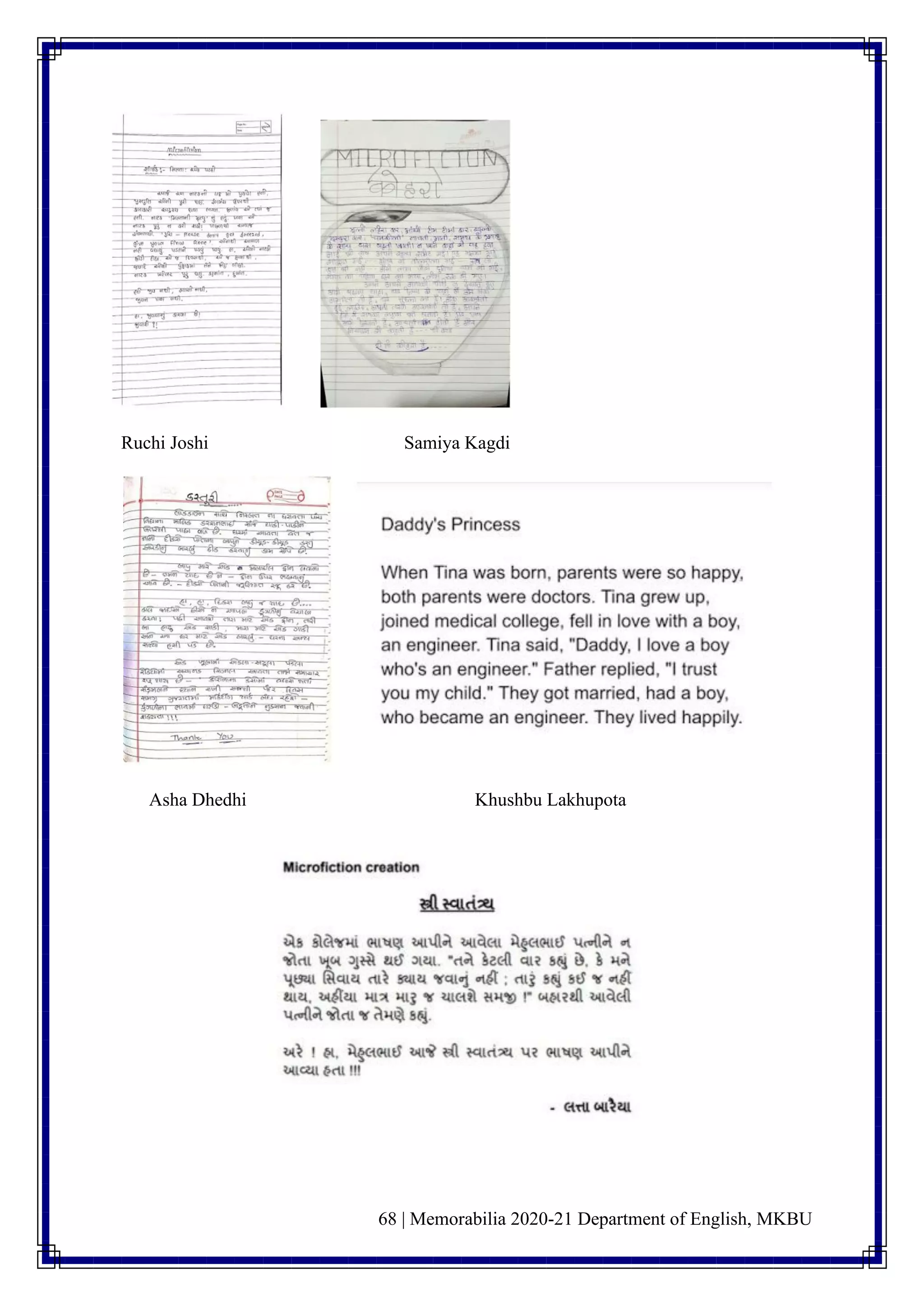 68 | Memorabilia 2020-21 Department of English, MKBU
Ruchi Joshi Samiya Kagdi
Asha Dhedhi Khushbu Lakhupota
 