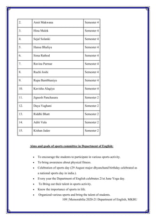 109 | Memorabilia 2020-21 Department of English, MKBU
2. Amit Makwana Semester 4
3. Hina Malek Semester 4
4. Sejal Solanki Semester 4
5. Hansa Bhaliya Semester 4
6. Sima Rathod Semester 4
7. Ravina Parmar Semester 4
8. Ruchi Joshi Semester 4
9. Rupa Bambhaniya Semester 4
10. Kavisha Alagiya Semester 4
11. Jignesh Panchasara Semester 2
12. Daya Vaghani Semester 2
13. Riddhi Bhatt Semester 2
14. Aditi Vala Semester 2
15. Kishan Jadav Semester 2
Aims and goals of sports committee in Department of English:
• To encourage the students to participate in various sports activity.
• To bring awareness about physical fitness.
• Celebration of sports day (29 August major dhyanchand birthday celebrated as
a national sports day in india.).
• Every year the Department of English celebrates 21st June Yoga day.
• To Bring out their talent in sports activity.
• Know the importance of sports in life.
• Organized various sports and bring the talent of students.
 