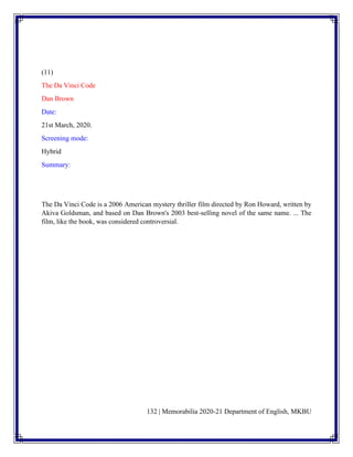 132 | Memorabilia 2020-21 Department of English, MKBU
(11)
The Da Vinci Code
Dan Brown
Date:
21st March, 2020.
Screening mode:
Hybrid
Summary:
The Da Vinci Code is a 2006 American mystery thriller film directed by Ron Howard, written by
Akiva Goldsman, and based on Dan Brown's 2003 best-selling novel of the same name. ... The
film, like the book, was considered controversial.
 