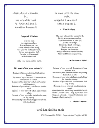 156 | Memorabilia 2020-21 Department of English, MKBU
ને ટાઢક ની ઝાાંકળ એ સમજી રહ્યા
છે…
કાળા િાદળ નો મેઘ છિાયો
પ્રેમ નો પિન થયો રઘિાયો
મન ભરી જ્યાાં મેઘ િરસાવ્યો
ત્યાાં જાાંજિા ના જળ લોકો સમજી
રહ્યા છે..
લાગ્યુાં મને લોકો સમજી રહ્યા છે…
ન જાણુાં શુાં સમજી રહ્યા છે..
- Hiral Kashyap
Drops of Wisdom
Life is a race,
so make your place,
Run as fast as you can,
Fun is all may come along,
Use your net and digital tools,
Or you may remain a fool,
Exercise is all you need,
In order to succeed.
Make your marks on this Earth,
The ones who got this human birth,
Before you may say goodbye,
Look in the mirror in your eye,
All that life brings,
Before the death bell rings,
Run for your dreams,
For you are the cream,
Be cool and calm come what may,
Peace and bliss is in your way.
- Khushbu Lakhupota
Because of the poor network…
Because of a poor network , life becomes
boring.
Because of a poor network, I am unable to
concentrate in classes.
Because of the poor network, I can't partici-
pate in events.
Because of poor network rural areas remain
rural.
Because of poor network urban areas remain
urban.
Because of poor networks, irritation increas-
es day by day.
Because of poor network happiness left me
with loneliness.
Because of poor network decreasing of love
between two.
Because of poor network dreams they die by
themselves in life.
Because of poor networks becoming habited
for listening taunts .
Because of poor network dull becomes dull
day by day.
Because of poor network smart remaining
smart.
Oh my God do something reasonable in this
matter , I don't know... may if you also have
the poor network , you can't listen me, only
because of poor network
- Bhumika Mahida
આવ્યો રે,આવ્યો કોરોના આવ્યો,
 