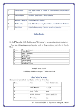 29 | Memorabilia 2020-21 Department of English, MKBU
3. Samiya Kagdi Life After Corona: A glimpse of Postcoloniality in contemporary
times.
4. Tamsa Pandya Infodemic in the time of Corona Pandemic
5. Khushbu Lakhupota Life after Corona Pandemic
6. Kishan Jadav Role of Fake News during Covid 19 and Life after Corona Pandemic
7. Ruchi Joshi Life after Pandemic and Changing scenario of Education
Online Debate-
On the 27 December 2020, the third day of this festival we have an interesting event, that is :
There are eight participants and also the mode of the presentation that is live in Google
Meet.
Sr. no. List of participants
1 Sima Rathod
2 Payal Chudasama
3 Nidhi Jethava
4 Mehal Pandya
5 Kishan Jadav
6 Tamsa Pandya
Samiya Kagadi
7 Nishtha Makwana
The topic of the Debate
" Advantage and Disadvantage of Online education "
MicroFiction Narrating-
11 students have read their microfiction written by themselves.
Sr.no. Name Name of microfiction
1. Nirali Makwana આત્મબળ
2. Mehal Pandya ન્યાય
3. Dhartee Makwana હોસ્પપટલની મુલાકાિ
4. Hina Malek ચીસ
 