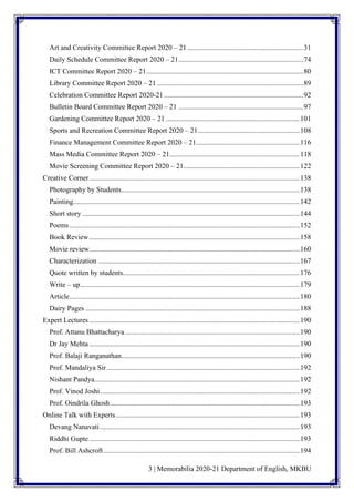 3 | Memorabilia 2020-21 Department of English, MKBU
Art and Creativity Committee Report 2020 – 21.................................................................31
Daily Schedule Committee Report 2020 – 21......................................................................74
ICT Committee Report 2020 – 21........................................................................................80
Library Committee Report 2020 – 21 ..................................................................................89
Celebration Committee Report 2020-21 ..............................................................................92
Bulletin Board Committee Report 2020 – 21 ......................................................................97
Gardening Committee Report 2020 – 21 ...........................................................................101
Sports and Recreation Committee Report 2020 – 21.........................................................108
Finance Management Committee Report 2020 – 21..........................................................116
Mass Media Committee Report 2020 – 21.........................................................................118
Movie Screening Committee Report 2020 – 21.................................................................122
Creative Corner......................................................................................................................138
Photography by Students....................................................................................................138
Painting...............................................................................................................................142
Short story ..........................................................................................................................144
Poems .................................................................................................................................152
Book Review......................................................................................................................158
Movie review......................................................................................................................160
Characterization .................................................................................................................167
Quote written by students...................................................................................................176
Write – up...........................................................................................................................179
Article.................................................................................................................................180
Dairy Pages ........................................................................................................................188
Expert Lectures ......................................................................................................................190
Prof. Attanu Bhattacharya..................................................................................................190
Dr Jay Mehta......................................................................................................................190
Prof. Balaji Ranganathan....................................................................................................190
Prof. Mandaliya Sir ............................................................................................................192
Nishant Pandya...................................................................................................................192
Prof. Vinod Joshi................................................................................................................192
Prof. Oindrila Ghosh ..........................................................................................................193
Online Talk with Experts.......................................................................................................193
Devang Nanavati................................................................................................................193
Riddhi Gupte ......................................................................................................................193
Prof. Bill Ashcroft..............................................................................................................194
 