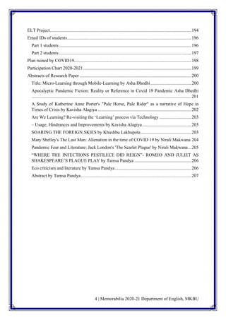 4 | Memorabilia 2020-21 Department of English, MKBU
ELT Project............................................................................................................................194
Email IDs of students.............................................................................................................196
Part 1 students ....................................................................................................................196
Part 2 students ....................................................................................................................197
Plan ruined by COVID19.......................................................................................................198
Participation Chart 2020-2021...............................................................................................199
Abstracts of Research Paper ..................................................................................................200
Title: Micro-Learning through Mobile-Learning by Asha Dhedhi....................................200
Apocalyptic Pandemic Fiction: Reality or Reference in Covid 19 Pandemic Asha Dhedhi
............................................................................................................................................201
A Study of Katherine Anne Porter's "Pale Horse, Pale Rider" as a narrative of Hope in
Times of Crisis by Kavisha Alagiya ..................................................................................202
Are We Learning? Re-visiting the ‘Learning’ process via Technology ............................203
– Usage, Hindrances and Improvements by Kavisha Alagiya...........................................203
SOARING THE FOREIGN SKIES by Khushbu Lakhupota ............................................203
Mary Shelley's The Last Man: Alienation in the time of COVID 19 by Nirali Makwana 204
Pandemic Fear and Literature: Jack London's 'The Scarlet Plague' by Nirali Makwana...205
“WHERE THE INFECTIONS PESTILECE DID REIGN”- ROMEO AND JULIET AS
SHAKESPEARE’S PLAGUE PLAY by Tamsa Pandya ..................................................206
Eco criticism and literature by Tamsa Pandya...................................................................206
Abstract by Tamsa Pandya.................................................................................................207
 
