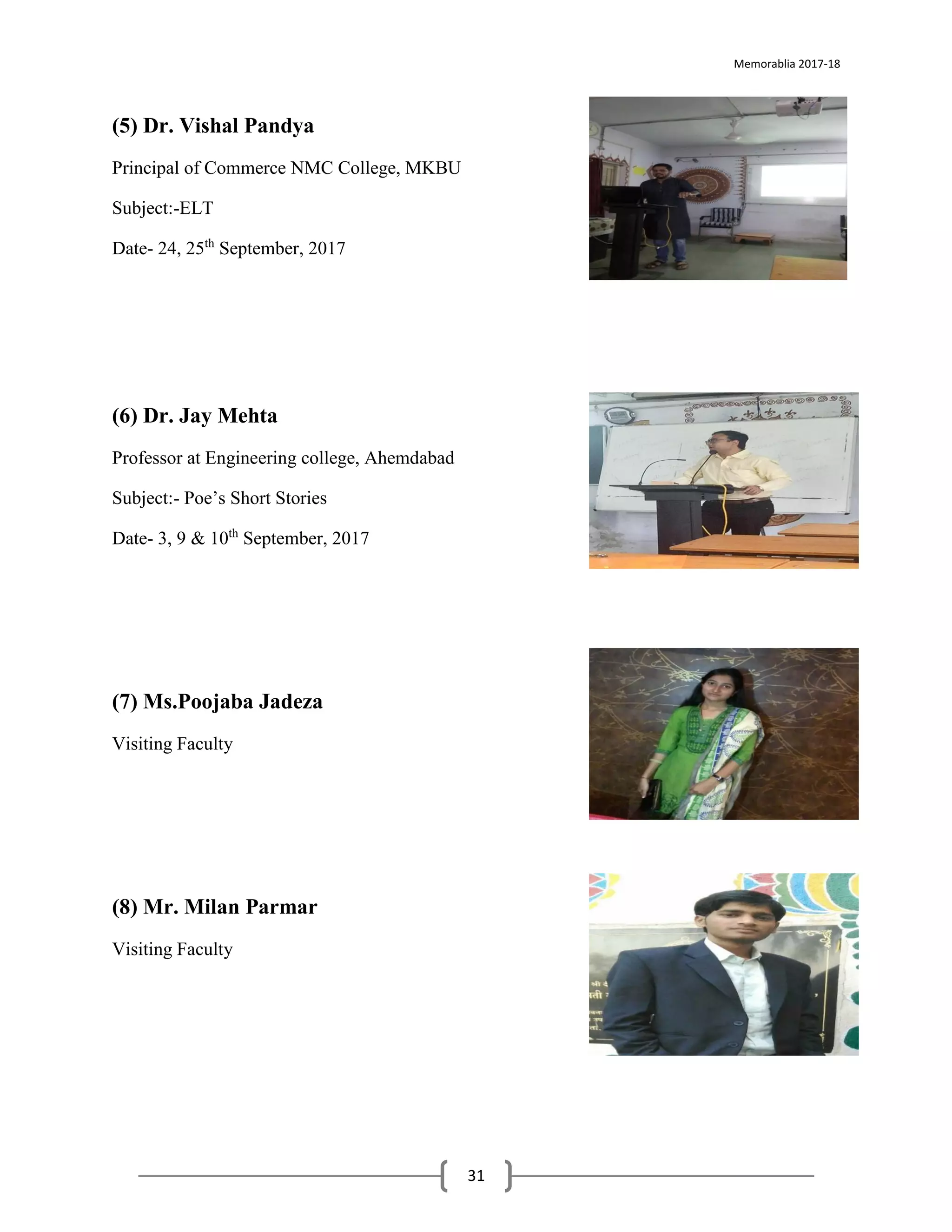 Memorablia 2017-18
31
(5) Dr. Vishal Pandya
Principal of Commerce NMC College, MKBU
Subject:-ELT
Date- 24, 25th
September, 2017
(6) Dr. Jay Mehta
Professor at Engineering college, Ahemdabad
Subject:- Poe’s Short Stories
Date- 3, 9 & 10th
September, 2017
(7) Ms.Poojaba Jadeza
Visiting Faculty
(8) Mr. Milan Parmar
Visiting Faculty
 