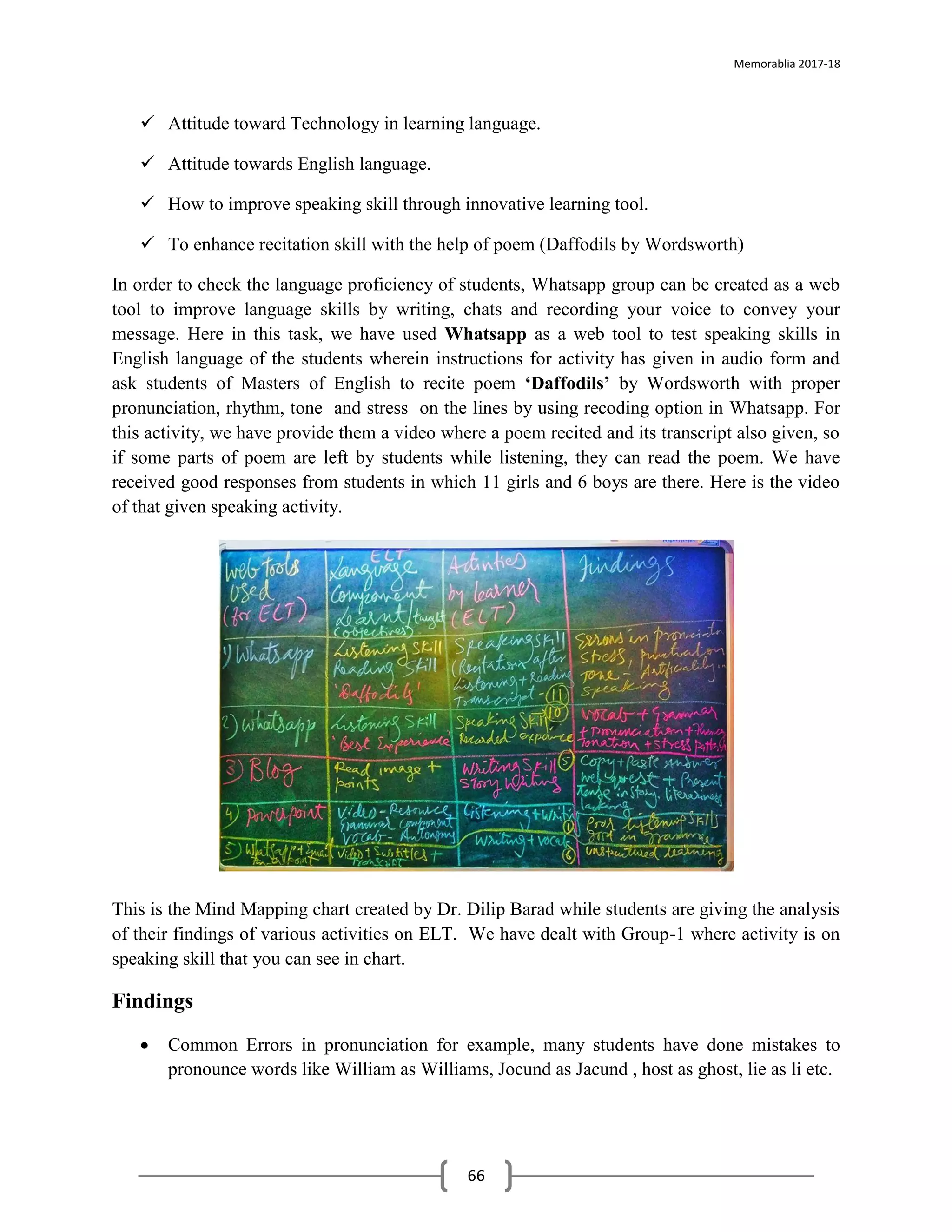 Memorablia 2017-18
66
✓ Attitude toward Technology in learning language.
✓ Attitude towards English language.
✓ How to improve speaking skill through innovative learning tool.
✓ To enhance recitation skill with the help of poem (Daffodils by Wordsworth)
In order to check the language proficiency of students, Whatsapp group can be created as a web
tool to improve language skills by writing, chats and recording your voice to convey your
message. Here in this task, we have used Whatsapp as a web tool to test speaking skills in
English language of the students wherein instructions for activity has given in audio form and
ask students of Masters of English to recite poem ‘Daffodils’ by Wordsworth with proper
pronunciation, rhythm, tone and stress on the lines by using recoding option in Whatsapp. For
this activity, we have provide them a video where a poem recited and its transcript also given, so
if some parts of poem are left by students while listening, they can read the poem. We have
received good responses from students in which 11 girls and 6 boys are there. Here is the video
of that given speaking activity.
This is the Mind Mapping chart created by Dr. Dilip Barad while students are giving the analysis
of their findings of various activities on ELT. We have dealt with Group-1 where activity is on
speaking skill that you can see in chart.
Findings
• Common Errors in pronunciation for example, many students have done mistakes to
pronounce words like William as Williams, Jocund as Jacund , host as ghost, lie as li etc.
 