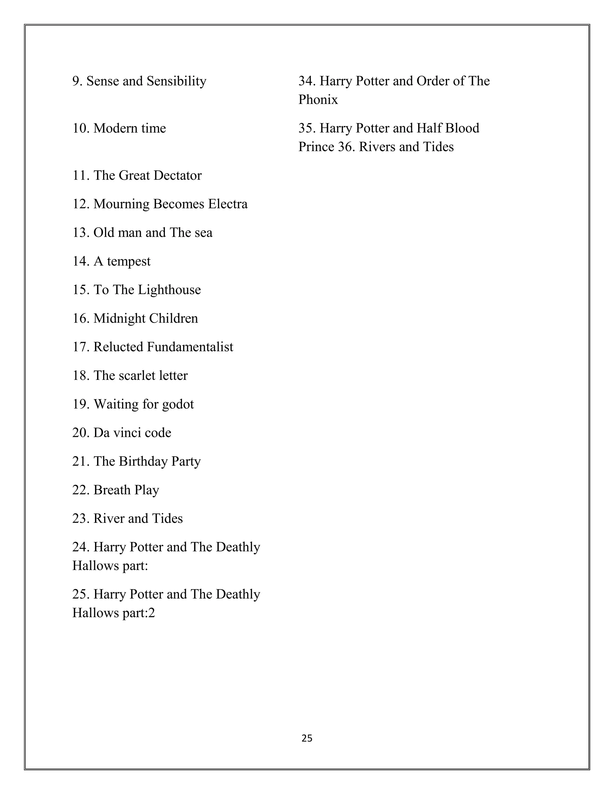 25
9. Sense and Sensibility 34. Harry Potter and Order of The
Phonix
10. Modern time 35. Harry Potter and Half Blood
Prince 36. Rivers and Tides
11. The Great Dectator
12. Mourning Becomes Electra
13. Old man and The sea
14. A tempest
15. To The Lighthouse
16. Midnight Children
17. Relucted Fundamentalist
18. The scarlet letter
19. Waiting for godot
20. Da vinci code
21. The Birthday Party
22. Breath Play
23. River and Tides
24. Harry Potter and The Deathly
Hallows part:
25. Harry Potter and The Deathly
Hallows part:2
 