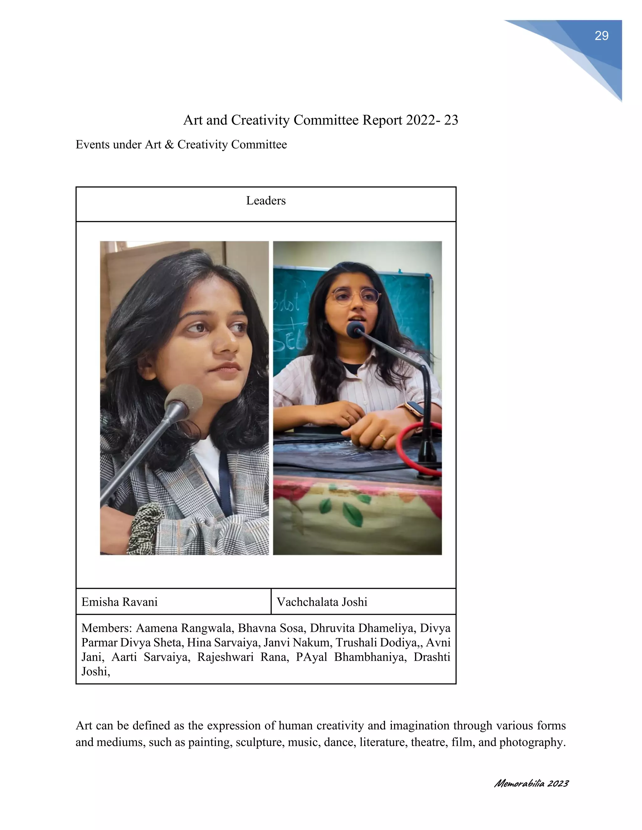 Memorabilia 2023
29
Art and Creativity Committee Report 2022- 23
Events under Art & Creativity Committee
Leaders
Emisha Ravani Vachchalata Joshi
Members: Aamena Rangwala, Bhavna Sosa, Dhruvita Dhameliya, Divya
Parmar Divya Sheta, Hina Sarvaiya, Janvi Nakum, Trushali Dodiya,, Avni
Jani, Aarti Sarvaiya, Rajeshwari Rana, PAyal Bhambhaniya, Drashti
Joshi,
Art can be defined as the expression of human creativity and imagination through various forms
and mediums, such as painting, sculpture, music, dance, literature, theatre, film, and photography.
 