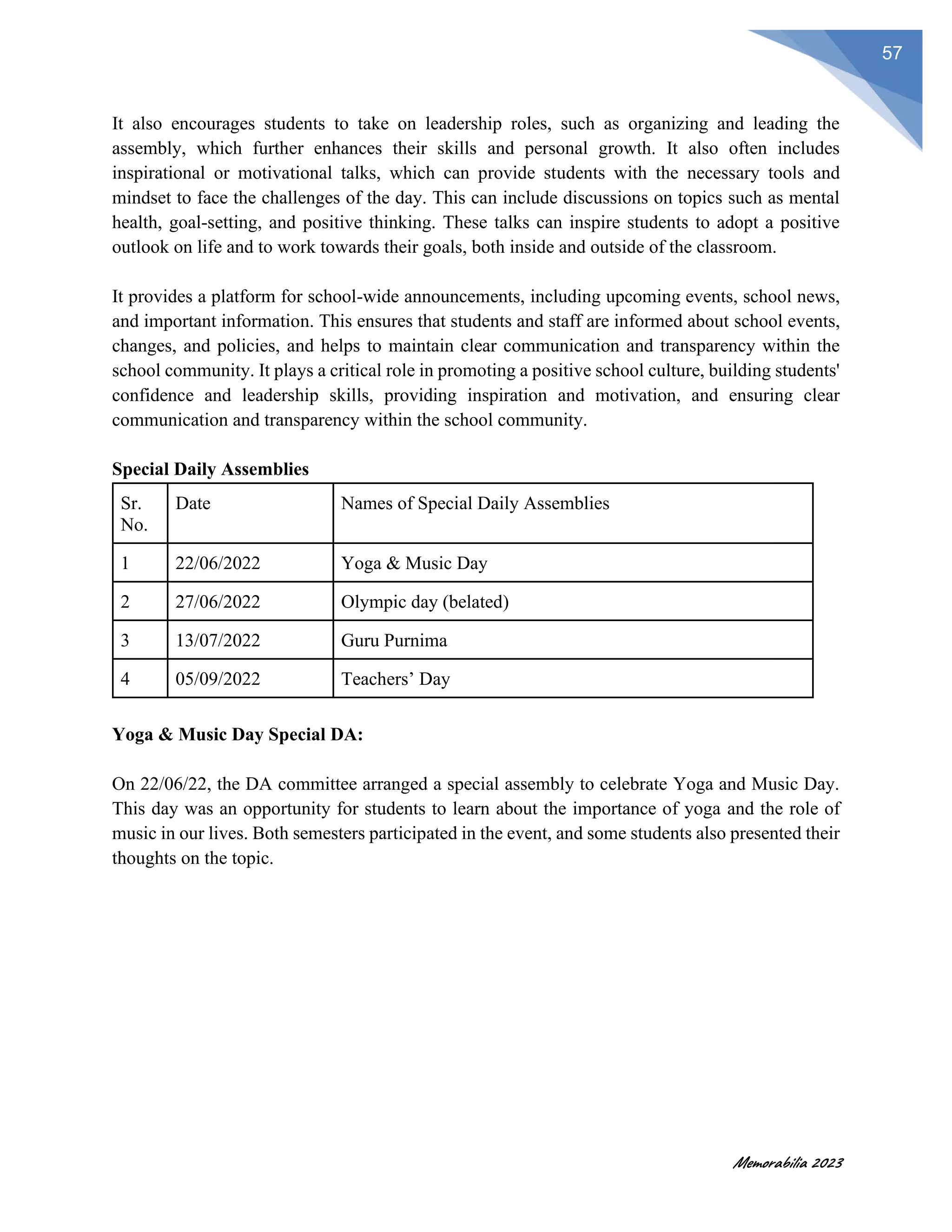 Memorabilia 2023
57
It also encourages students to take on leadership roles, such as organizing and leading the
assembly, which further enhances their skills and personal growth. It also often includes
inspirational or motivational talks, which can provide students with the necessary tools and
mindset to face the challenges of the day. This can include discussions on topics such as mental
health, goal-setting, and positive thinking. These talks can inspire students to adopt a positive
outlook on life and to work towards their goals, both inside and outside of the classroom.
It provides a platform for school-wide announcements, including upcoming events, school news,
and important information. This ensures that students and staff are informed about school events,
changes, and policies, and helps to maintain clear communication and transparency within the
school community. It plays a critical role in promoting a positive school culture, building students'
confidence and leadership skills, providing inspiration and motivation, and ensuring clear
communication and transparency within the school community.
Special Daily Assemblies
Sr.
No.
Date Names of Special Daily Assemblies
1 22/06/2022 Yoga & Music Day
2 27/06/2022 Olympic day (belated)
3 13/07/2022 Guru Purnima
4 05/09/2022 Teachers’ Day
Yoga & Music Day Special DA:
On 22/06/22, the DA committee arranged a special assembly to celebrate Yoga and Music Day.
This day was an opportunity for students to learn about the importance of yoga and the role of
music in our lives. Both semesters participated in the event, and some students also presented their
thoughts on the topic.
 