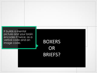 BOXERS	
  
OR	
  
BRIEFS?	
  
It builds a mental
picture and your brain
encodes it twice: as a
verbal code and an
image co...