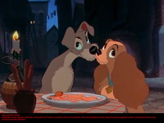 'Lady and the Tramp'
Pampered cocker spaniel Lady falls in love with the Tramp, a mutt who lives on the streets. Their kis...