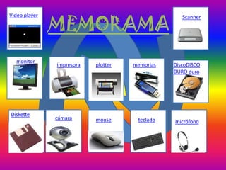 MEMORAMA
Video player                                       Scanner




  monitor
               impresora   plotter   memorias   DiscoDISCO
                                                DURO duro




Diskette
               cámara      mouse      teclado   micrófono
 