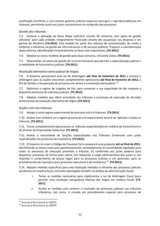 justificação manifesta; e (vii) nomear gestores judiciais especiais para gerir a agenda/audiências em 
tribunais, permitindo assim aos juízes concentrarem‐se na decisão dos processos.  

Gestão dos tribunais  
7.3. Acelerar  a  aplicação  do  Novo  Mapa  Judiciário  criando  39  comarcas,  com  apoio  de  gestão 
adicional    para  cada  unidade,  integralmente  financiado  através  das  poupanças  nas  despesas  e  em 
ganhos  de  eficiência  [T4‐2012].  Esta  medida  faz  parte  dos  esforços  de  racionalização,  de  modo  a 
melhorar a eficiência na gestão de infra‐estruturas e de serviços públicos. Preparar a calendarização 
desta reforma, identificando trimestralmente as fases mais importantes. [T3‐2011]   
7.4.     Adoptar os novos modelos de gestão para duas comarcas, incluindo Lisboa. [T4‐2011] 
7.5. Desenvolver um plano de gestão de recursos humanos que permita a especialização judicial e 
a mobilidade de funcionários judiciais. [T4‐2011] 

Resolução alternativa extra‐judicial de litígios 
7.6. O  Governo  apresentará  uma  Lei  de  Arbitragem  até  final  de  Setembro  de  2011  e  tornará  a 
arbitragem para as acções executivas completamente operacional até final de Fevereiro de 2012, a 
fim de facilitar a recuperação de processos em atraso e a resolução extrajudicial. 23 
7.7. Optimizar  o  regime  de  Julgados  de  Paz,  para  aumentar  a  sua  capacidade  de  dar  resposta  a 
pequenos processos de cobrança judiciais. [T1‐2012] 
7.8. Adoptar  medidas  que  dêem  prioridade  nos  tribunais  a  processos  de  execução  de  decisões 
provenientes da resolução alternativa de litígios. [T4‐2011] 

Acções civis nos tribunais 
7.9.     Alargar o novo regime experimental de processo civil a 4 tribunais. [T3‐2011] 
7.10. Avaliar num relatório se o regime processual civil experimental deverá ser aplicado a todos os 
tribunais. [T4‐2011]   
7.11. Tornar completamente operacionais os  tribunais especializados em matéria de Concorrência e 
de Direitos de Propriedade Intelectual. [T1‐2012] 
7.12. Avaliar  a  necessidade  de  Secções  especializadas  nos  Tribunais  Comerciais  com  juízes 
especializados em processos de insolvência. [T4‐2011] 
7.13. O Governo irá rever o Código de Processo Civil e preparará uma proposta até ao final de 2011, 
identificando as áreas‐chave para aperfeiçoamento, nomeadamente (i) consolidando legislação para 
todos  os  processos  de  execução  presentes  a  tribunal;  (ii)  conferindo  aos  juízes  poderes  para 
despachar  processos  de  forma  mais  célere;  (iii)  reduzindo  a  carga  administrativa  dos  juízes  e;  (iv) 
impondo  o  cumprimento  de  prazos  legais  para  os  processos  judiciais  e  em  particular,  para  os 
procedimentos de injunção e para processos executivos e de insolvência 24. [T4‐2011] 
7.14. Adoptar medidas específicas para uma resolução metódica e eficiente dos processos judiciais 
pendentes em matéria fiscal, incluindo (abrangidas também no âmbito da administração fiscal):  
             i.    Tomar  as  medidas  necessárias  para  implementar  a  Lei  de  Arbitragem  Fiscal  (para 
                   permitir  uma  resolução  extrajudicial  efectiva  dos  litígios  em  matéria  fiscal);  [T3‐
                   2011]  
             ii.   Avaliar  as  medidas  para  acelerar  a  resolução  de  processos  judiciais  nos  tribunais 
                   tributários,  tais  como:  i)  criando  um  procedimento  especial  para  processos  de 


23
     Structural Benchmark no MEFP.
24
     Structural Benchmark no MEFP.


                                                       32
 
