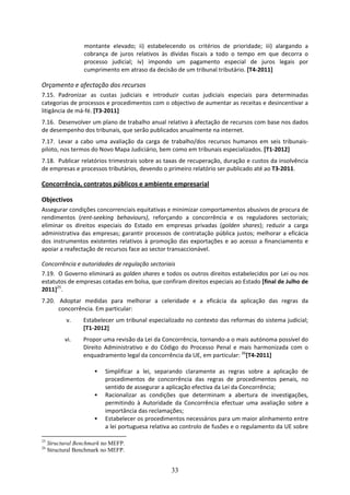montante  elevado;  ii)  estabelecendo  os  critérios  de  prioridade;  iii)  alargando  a 
                  cobrança  de  juros  relativos  às  dívidas  fiscais  a  todo  o  tempo  em  que  decorra  o 
                  processo  judicial;  iv)  impondo  um  pagamento  especial  de  juros  legais  por 
                  cumprimento em atraso da decisão de um tribunal tributário. [T4‐2011] 

Orçamento e afectação dos recursos  
7.15. Padronizar  as  custas  judiciais  e  introduzir  custas  judiciais  especiais  para  determinadas 
categorias de processos e procedimentos com o objectivo de aumentar as receitas e desincentivar a 
litigância de má‐fé. [T3‐2011] 
7.16. Desenvolver um plano de trabalho anual relativo à afectação de recursos com base nos dados 
de desempenho dos tribunais, que serão publicados anualmente na internet. 
7.17. Levar  a  cabo  uma  avaliação  da  carga  de  trabalho/dos  recursos  humanos  em  seis  tribunais‐
piloto, nos termos do Novo Mapa Judiciário, bem como em tribunais especializados. [T1‐2012] 
7.18. Publicar relatórios trimestrais sobre as taxas de recuperação, duração e custos da insolvência 
de empresas e processos tributários, devendo o primeiro relatório ser publicado até ao T3‐2011. 

Concorrência, contratos públicos e ambiente empresarial 

Objectivos 
Assegurar condições concorrenciais equitativas e minimizar comportamentos abusivos de procura de 
rendimentos  (rent‐seeking  behaviours),  reforçando  a  concorrência  e  os  reguladores  sectoriais; 
eliminar  os  direitos  especiais  do  Estado  em  empresas  privadas  (golden  shares);  reduzir  a  carga 
administrativa  das  empresas;  garantir  processos  de  contratação  pública  justos;  melhorar  a  eficácia 
dos  instrumentos  existentes  relativos  à  promoção  das  exportações  e  ao  acesso  a  financiamento  e 
apoiar a reafectação de recursos face ao sector transaccionável.  

Concorrência e autoridades de regulação sectoriais 
7.19. O Governo eliminará as golden shares e todos os outros direitos estabelecidos por Lei ou nos 
estatutos de empresas cotadas em bolsa, que confiram direitos especiais ao Estado [final de Julho de 
2011]25. 
7.20.  Adoptar  medidas  para  melhorar  a  celeridade  e  a  eficácia  da  aplicação  das  regras  da 
      concorrência. Em particular:  
            v.    Estabelecer um tribunal especializado no contexto das reformas do sistema judicial; 
                  [T1‐2012]  
           vi.    Propor uma revisão da Lei da Concorrência, tornando‐a o mais autónoma possível do 
                  Direito  Administrativo  e  do  Código  do  Processo  Penal  e  mais  harmonizada  com  o 
                  enquadramento legal da concorrência da UE, em particular: 26[T4‐2011] 

                          Simplificar  a  lei,  separando  claramente  as  regras  sobre  a  aplicação  de 
                          procedimentos  de  concorrência  das  regras  de  procedimentos  penais,  no 
                          sentido de assegurar a aplicação efectiva da Lei da Concorrência;  
                          Racionalizar  as  condições  que  determinam  a  abertura  de  investigações, 
                          permitindo  à  Autoridade  da  Concorrência  efectuar  uma  avaliação  sobre  a 
                          importância das reclamações;  
                          Estabelecer os procedimentos necessários para um maior alinhamento entre 
                          a lei portuguesa relativa ao controlo de fusões e o regulamento da UE sobre 

25
     Structural Benchmark no MEFP.
26
     Structural Benchmark no MEFP.


                                                      33
 