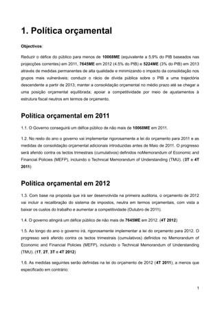 1. Política orçamental
Objectivos:

Reduzir o défice do público para menos de 10068ME (equivalente a 5.9% do PIB baseados nas
projecções correntes) em 2011, 7645ME em 2012 (4.5% do PIB) e 5224ME (3% do PIB) em 2013
através de medidas permanentes de alta qualidade e minimizando o impacto da consolidação nos
grupos mais vulneráveis; conduzir o rácio de dívida pública sobre o PIB a uma trajectória
descendente a partir de 2013; manter a consolidação orçamental no médio prazo até se chegar a
uma posição orçamental equilibrada; apoiar a competitividade por meio de ajustamentos à
estrutura fiscal neutros em termos de orçamento.



Política orçamental em 2011
1.1. O Governo conseguirá um défice público de não mais de 10068ME em 2011.

1.2. No resto do ano o governo vai implementar rigorosamente a lei do orçamento para 2011 e as
medidas de consolidação orçamental adicionais introduzidas antes de Maio de 2011. O progresso
será aferido contra os tectos trimestrais (cumulativos) definidos noMemorandum of Economic and
Financial Policies (MEFP), incluindo o Technical Memorandum of Understanding (TMU). (3T e 4T
2011)



Política orçamental em 2012
1.3. Com base na proposta que irá ser desenvolvida na primeira auditoria, o orçamento de 2012
vai incluir a recalibração do sistema de impostos, neutra em termos orçamentais, com vista a
baixar os custos do trabalho e aumentar a competitividade (Outubro de 2011).

1.4. O governo atingirá um défice público de não mais de 7645ME em 2012. (4T 2012)

1.5. Ao longo do ano o governo irá, rigorosamente implementar a lei do orçamento para 2012. O
progresso será aferido contra os tectos trimestrais (cumulativos) definidos no Memorandum of
Economic and Financial Policies (MEFP), incluindo o Technical Memorandum of Understanding
(TMU). (1T, 2T, 3T e 4T 2012)

1.6. As medidas seguintes serão definidas na lei do orçamento de 2012 (4T 2011), a menos que
especificado em contrário:



                                                                                            1
 