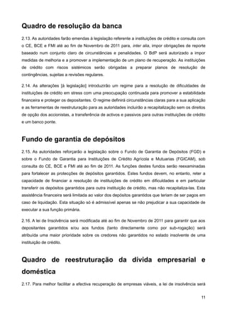 Quadro de resolução da banca
2.13. As autoridades farão emendas à legislação referente a instituições de crédito e consulta com
o CE, BCE e FMI até ao fim de Novembro de 2011 para, inter alia, impor obrigações de reporte
baseado num conjunto claro de circunstâncias e penalidades. O BdP será autorizado a impor
medidas de melhoria e a promover a implementação de um plano de recuperação. As instituições
de crédito com riscos sistémicos serão obrigadas a preparar planos de resolução de
contingências, sujeitas a revisões regulares.

2.14. As alterações [à legislação] introduzirão um regime para a resolução de dificuldades de
instituições de crédito em stress com uma preocupação continuada para promover a estabilidade
financeira e proteger os depositantes. O regime definirá circunstâncias claras para a sua aplicação
e as ferramentas de reestruturação para as autoridades incluirão a recapitalização sem os direitos
de opção dos accionistas, a transferência de activos e passivos para outras instituições de crédito
e um banco ponte.



Fundo de garantia de depósitos
2.15. As autoridades reforçarão a legislação sobre o Fundo de Garantia de Depósitos (FGD) e
sobre o Fundo de Garantia para Instituições de Crédito Agrícola e Mutuarias (FGICAM), sob
consulta do CE, BCE e FMI até ao fim de 2011. As funções destes fundos serão reexaminadas
para fortalecer as protecções de depósitos garantidos. Estes fundos devem, no entanto, reter a
capacidade de financiar a resolução de instituições de crédito em dificuldades e em particular
transferir os depósitos garantidos para outra instituição de crédito, mas não recapitaliza-las. Esta
assistência financeira será limitada ao valor dos depósitos garantidos que teriam de ser pagos em
caso de liquidação. Esta situação só é admissível apenas se não prejudicar a sua capacidade de
executar a sua função primária.

2.16. A lei de Insolvência será modificada até ao fim de Novembro de 2011 para garantir que aos
depositantes garantidos e/ou aos fundos (tanto directamente como por sub-rogação) será
atribuída uma maior prioridade sobre os credores não garantidos no estado insolvente de uma
instituição de crédito.



Quadro de reestruturação da dívida empresarial e
doméstica
2.17. Para melhor facilitar a efectiva recuperação de empresas viáveis, a lei de insolvência será


                                                                                                 11
 