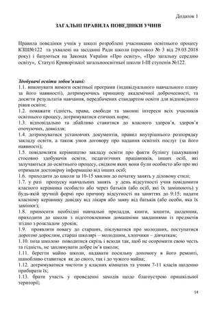 14
Додаток 1
ЗАГАЛЬНІ ПРАВИЛА ПОВЕДІНКИ УЧНІВ
Правила поведінки учнів у школі розроблені учасниками освітнього процесу
КЗШ№122 та ухвалені на засіданні Ради школи (протокол № 3 від 29.03.2018
року) і базуються на Законах України «Про освіту», «Про загальну середню
освіту», Статуті Криворізької загальноосвітньої школи І-ІІІ ступенів №122.
Здобувачі освіти зобов’язані:
1.1. виконувати вимоги освітньої програми (індивідуального навчального плану
за його наявності), дотримуючись принципу академічної доброчесності, та
досягти результатів навчання, передбачених стандартом освіти для відповідного
рівня освіти;
1.2. поважати гідність, права, свободи та законні інтереси всіх учасників
освітнього процесу, дотримуватися етичних норм;
1.3. відповідально та дбайливо ставитися до власного здоров’я, здоров’я
оточуючих, довкілля;
1.4. дотримуватися установчих документів, правил внутрішнього розпорядку
закладу освіти, а також умов договору про надання освітніх послуг (за його
наявності);
1.5. повідомляти керівництво закладу освіти про факти булінгу (цькування)
стосовно здобувачів освіти, педагогічних працівників, інших осіб, які
залучаються до освітнього процесу, свідком яких вони були особисто або про які
отримали достовірну інформацію від інших осіб;
1.6. приходити до школи за 10-15 хвилин до початку занять у діловому стилі;
1.7. у разі пропуску навчальних занять у день відсутності учня повідомити
класного керівника особисто або через батьків (або осіб, які їх замінюють) у
будь-якій зручній формі про причину відсутності на заняттях до 9:15; надати
класному керівнику довідку від лікаря або заяву від батьків (або особи, яка їх
замінює);
1.8. приносити необхідні навчальні приладдя, книги, зошити, щоденник,
приходити до школи з підготовленими домашніми завданнями із предметів
згідно з розкладом уроків;
1.9. проявляти повагу до старших, піклуватися про молодших, поступатися
дорогою дорослим, старші школярі – молодшим, хлопчики – дівчаткам;
1.10. поза школою поводитися скрізь і всюди так, щоб не осоромити свою честь
та гідність, не заплямувати добре ім’я школи;
1.11. берегти майно школи, надавати посильну допомогу в його ремонті,
шанобливо ставитися як до свого, так і до чужого майна;
1.12. дотримуватися чистоти у класних кімнатах та учням 7-11 класів щоденно
прибирати їх;
1.13. брати участь у проведенні заходів щодо благоустрою пришкільної
території;
 