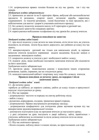 15
1.14. дотримуватися правил техніки безпеки як під час уроків, так і під час
перерв.
Здобувачам освіти забороняється:
2.1. приносити до школи та на її територію зброю, вибухові або вогненебезпечні
предмети й речовини, спиртні напої, тютюнові вироби, наркотики,
одурманюючі та токсичні речовини, газові балончики та інші предмети, які є
небезпечними для життя і здоров’я учасників освітнього процесу;
2.2. без дозволу педагогів залишати школу та її територію в урочний час;
2.3. пропускати заняття без поважних причин;
2.4. користуватися мобільними телефонами під час уроків без дозволу вчителя.
Правила поведінки на заняттях
Здобувачі освіти зобов’язані:
3.1. при вході педагога у клас встати на знак вітання, сісти після того, як учитель
відповість на вітання, вітати будь-якого дорослого, що увійшов до класу під час
занять;
3.2. використовувати урочний час тільки для навчальних цілей; за першою
вимогою вчителя (класного керівника) надати щоденник; будь-які записи в
щоденниках виконувати охайно;
3.3. попросити дозволу в учителя у разі необхідності вийти з класу;
3.4. підняти руку, якщо необхідно поставити запитання вчителю або відповісти
на його запитання.
Здобувачам освіти забороняється:
3.5. протягом уроку відволікатися самому і відволікати інших сторонніми
розмовами, іграми, справами, що не стосуються уроку.
3.6. покидати навчальний кабінет/ спортивну залу тощо без дозволу вчителя.
Правила поведінки до початку уроку, на перервах і після
закінчення занять
Здобувачі освіти зобов՚ язані:
4.1. До початку уроку
-прибути до кабінету до першого дзвінка, увійти до класу тільки в присутності
вчителя і підготуватися до уроку.
4.2. Під час перерви
- дотримуватися чистоти та порядку на своєму робочому місці;
- вийти з класу;
- рухаючись коридорами, сходами, триматися правої сторони;
- дотримуватися Правил внутрішнього розпорядку закладу;
- дотримуватися комфортного для оточуючих рівня звучання музики під час
використання звуковідтворювальної техніки;
- допомагати підготувати клас на прохання вчителя до наступного уроку;
- у разі спізнення на урок постукати в двері кабінету, зайти, привітатися з
учителем, вибачитися за спізнення та після дозволу вчителя сісти на місце.
Здобувачам освіти забороняється:
4.3. Під час освітнього процесу
- бігати сходами, поблизу вікон і в інших місцях, не пристосованих для ігор;
 